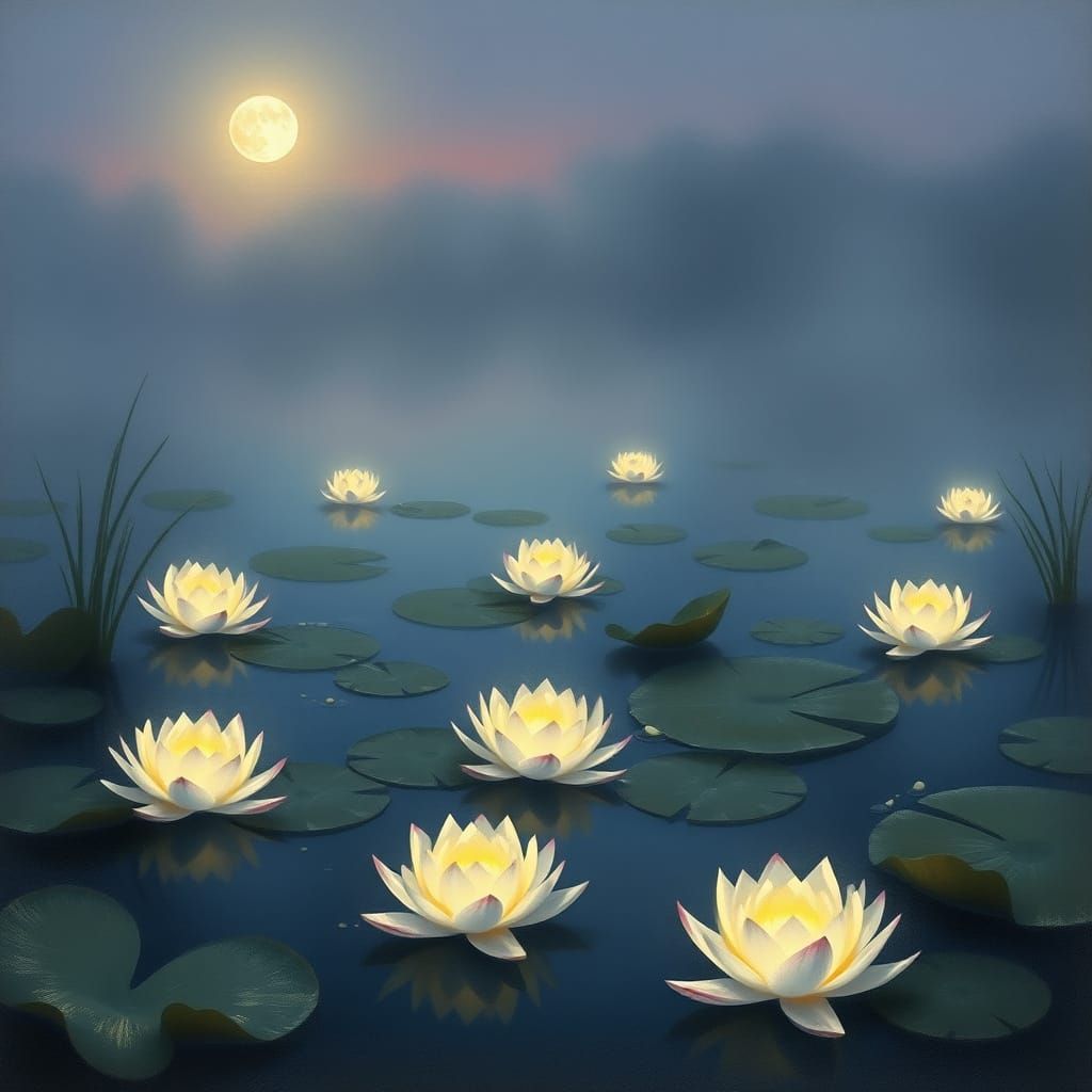 Twilight Pond Scene with Glowing Lotus Flowers in Soft, Ethe...