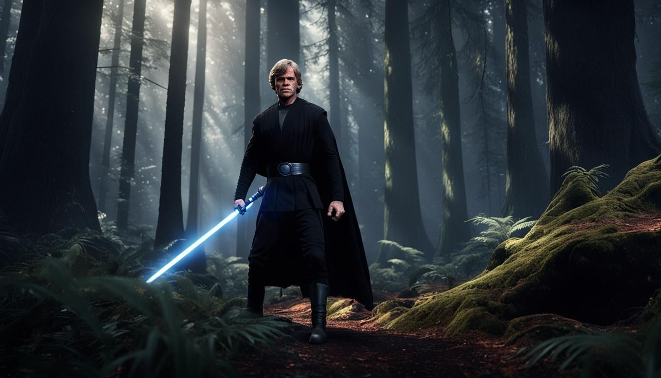 Luke Skywalker in Dark Forest with Lightsaber