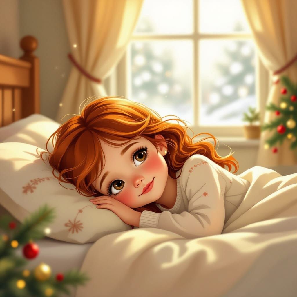 Girl Peaceful on Christmas Morning in Nostalgic Illustration...