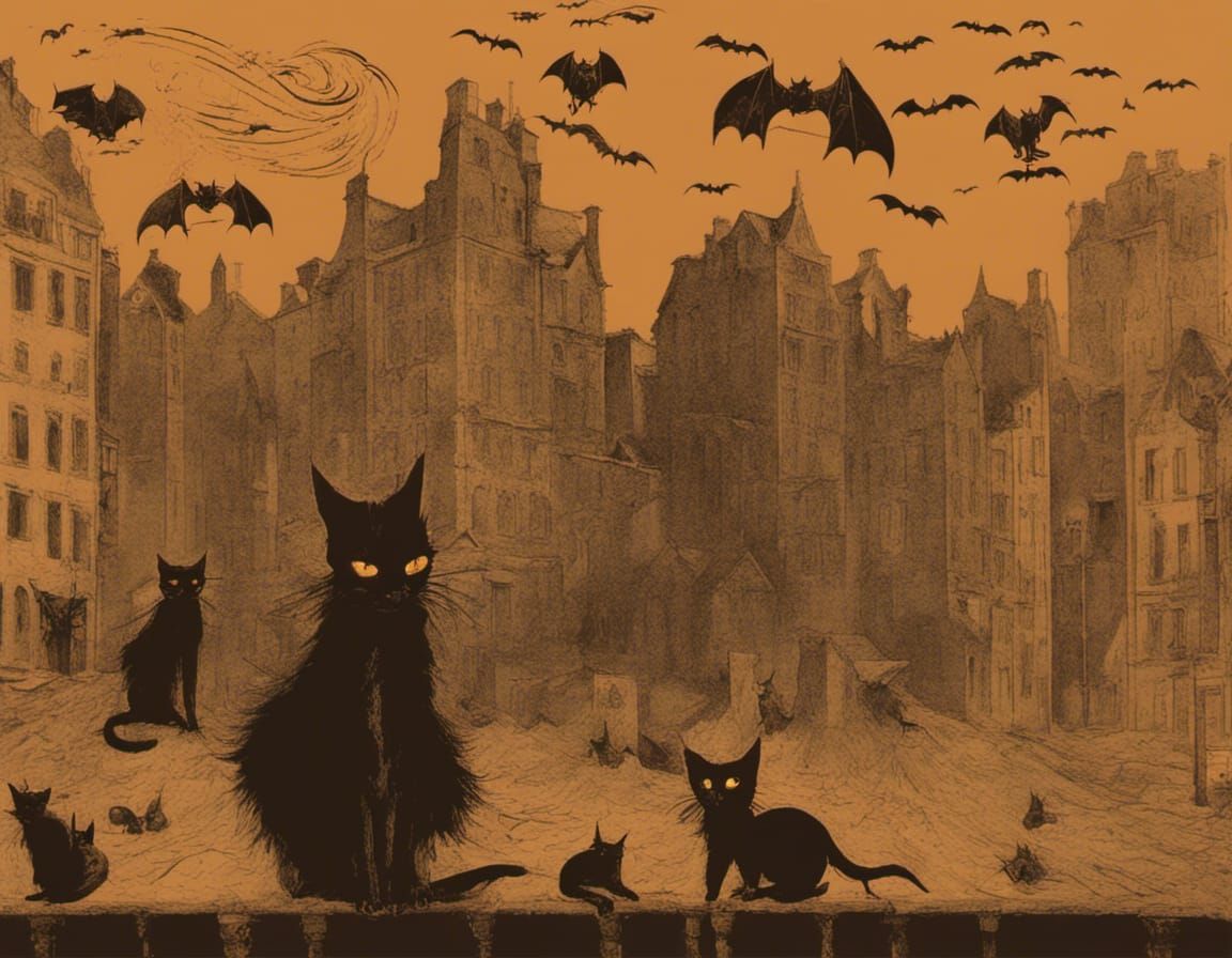 Black cats  Tim Burton Wes Anderson film noir art deco ink drawing 8bit pastels 64 megapixels #film panorama subtract...