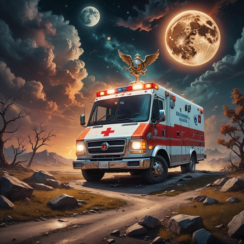 Glowing Ambulance Races Towards Moon in Surreal Art