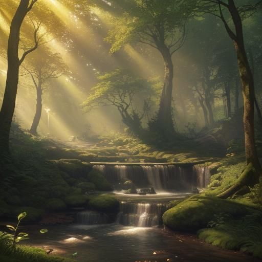 Lush Brook Landscape with Golden Sunrays