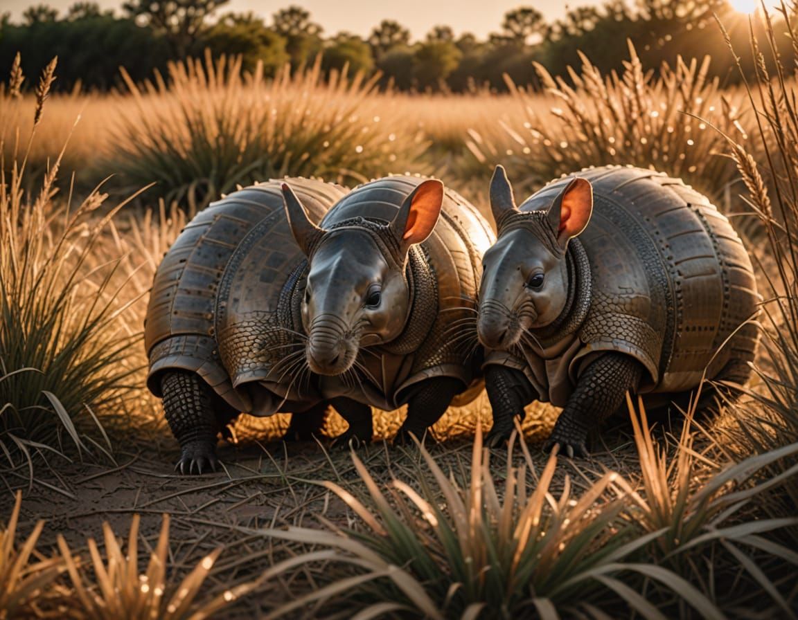 Hyperrealistic Armadillos in Sunset Pampas Landscape