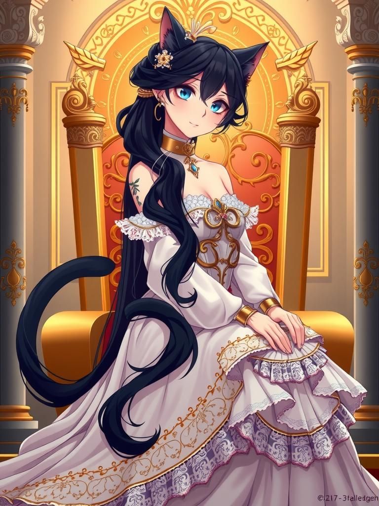 Noble Catgirl on Throne in Cel-Shaded Manga Style