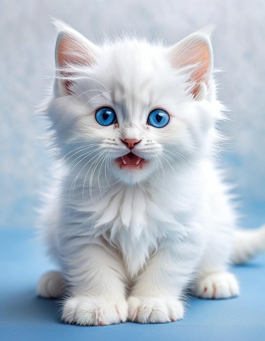 Adorable Fluffy White Kitten with Blue Eyes