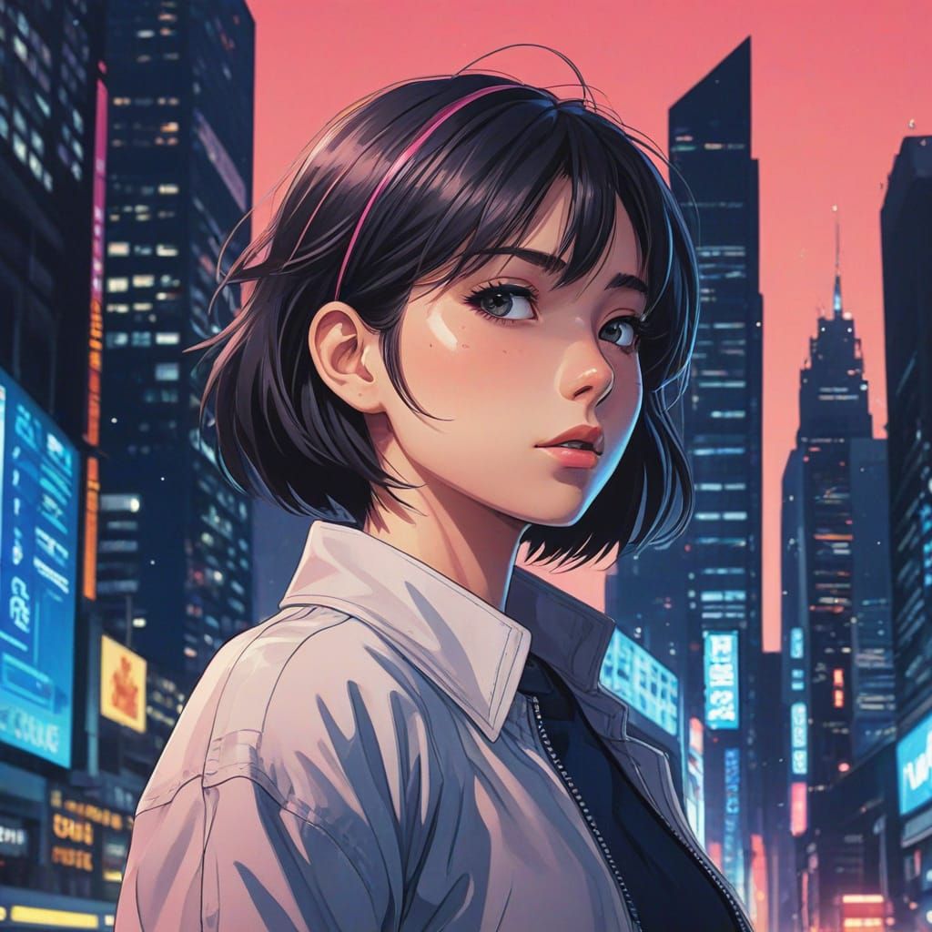 Anime-Inspired Female Model in Futuristic Cityscape