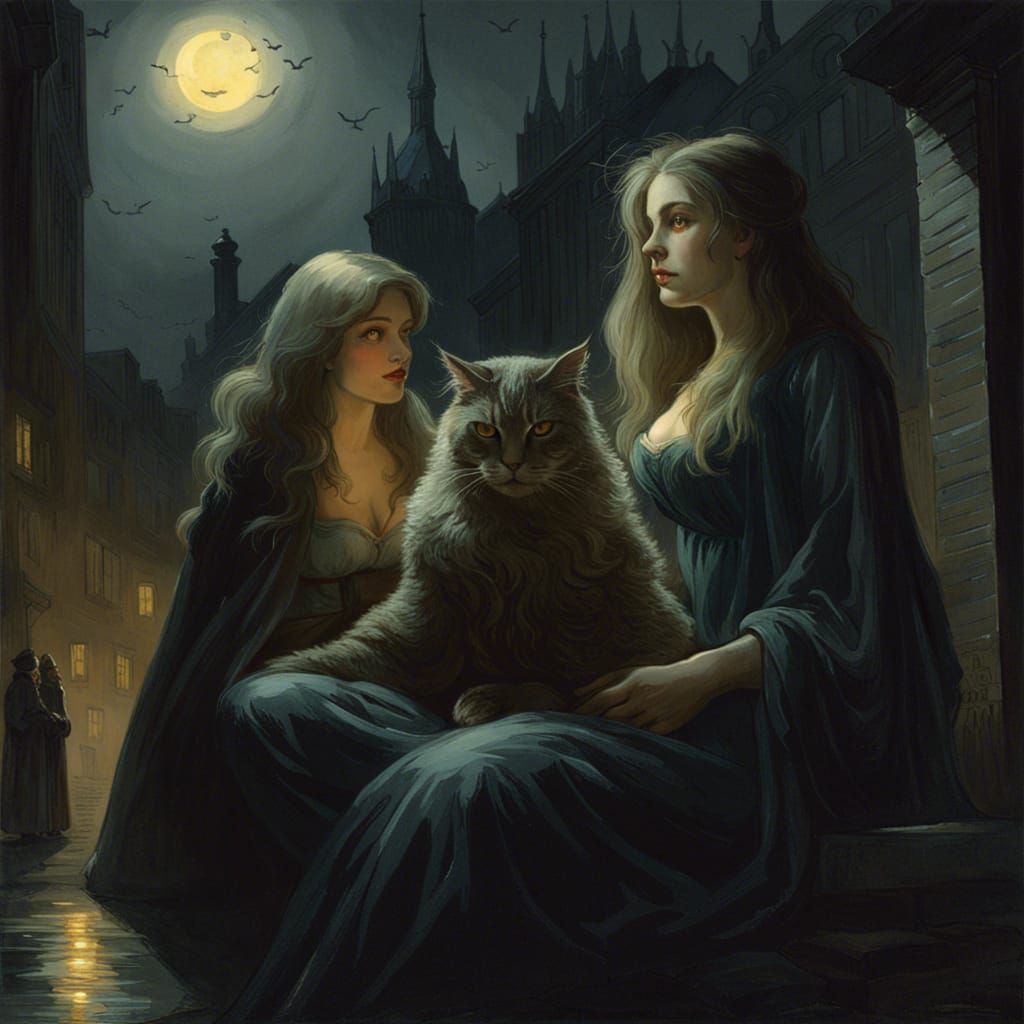 Women with Giant Cat in Dark Cityscape