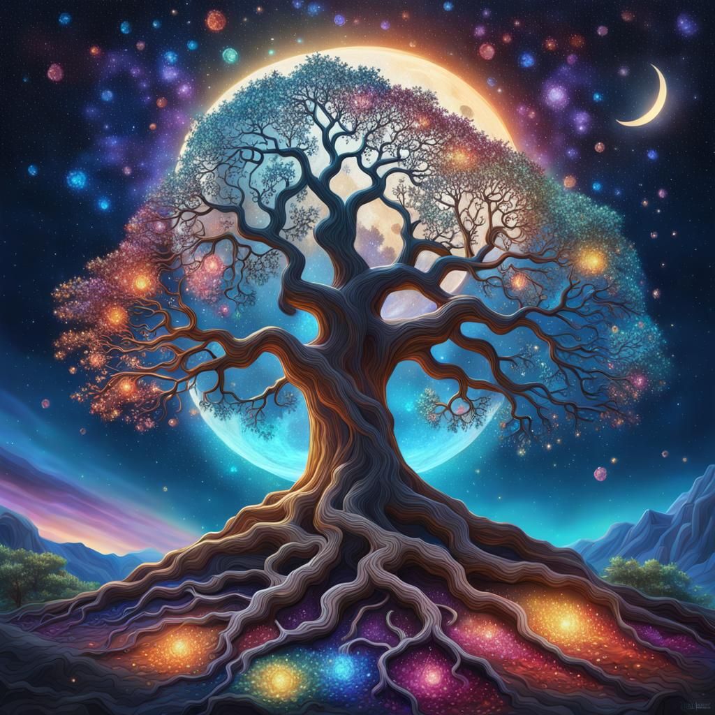 Magical Crystal Tree Under a Starry Night Sky