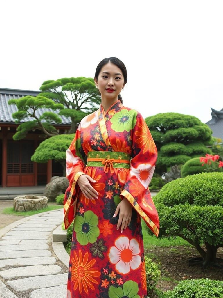 Surreal Japanese Garden Scene with Katsu Dress in Vibrant Co...