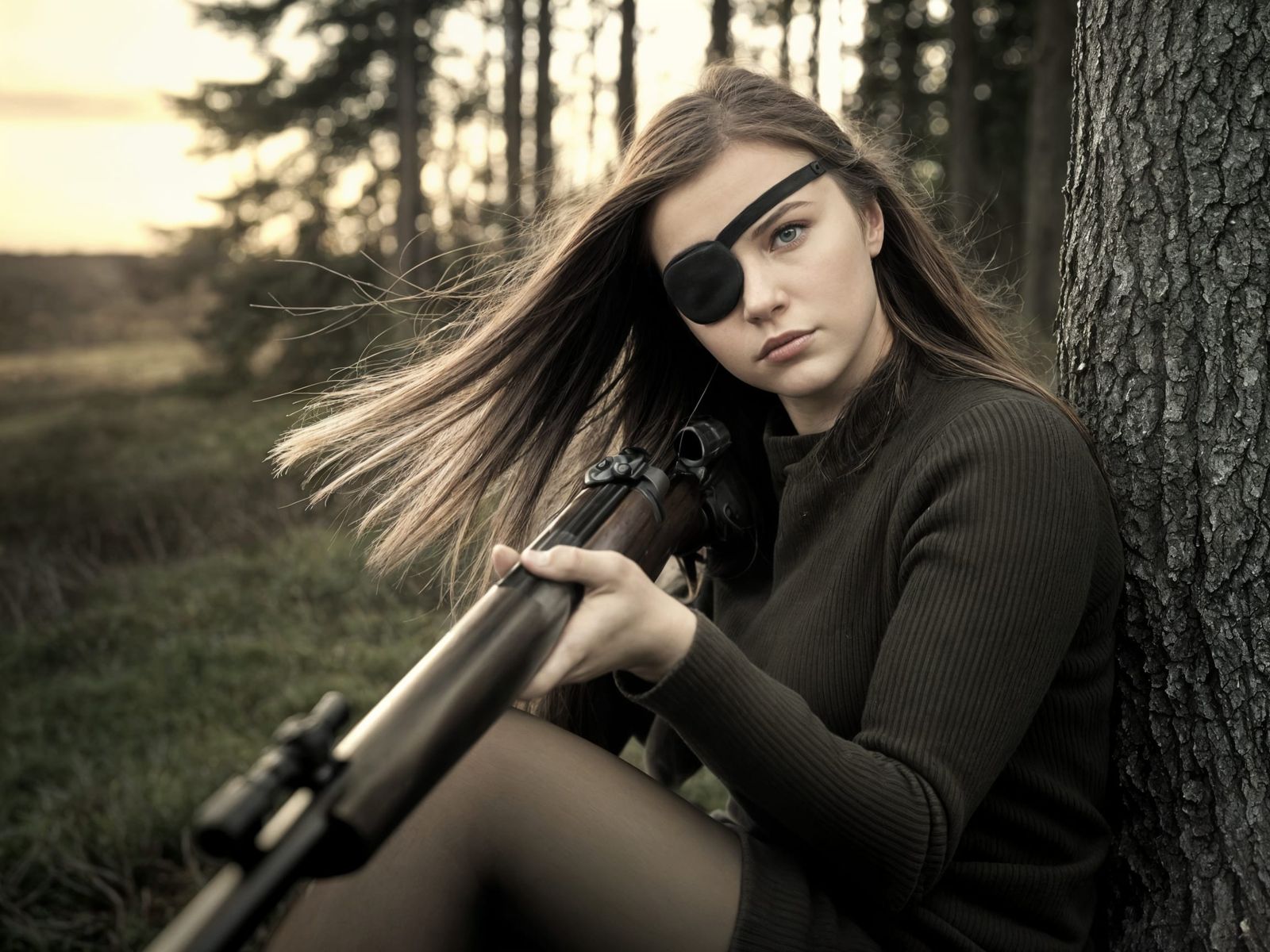 Hunter Girl with Eyepatch Aims in Golden Light