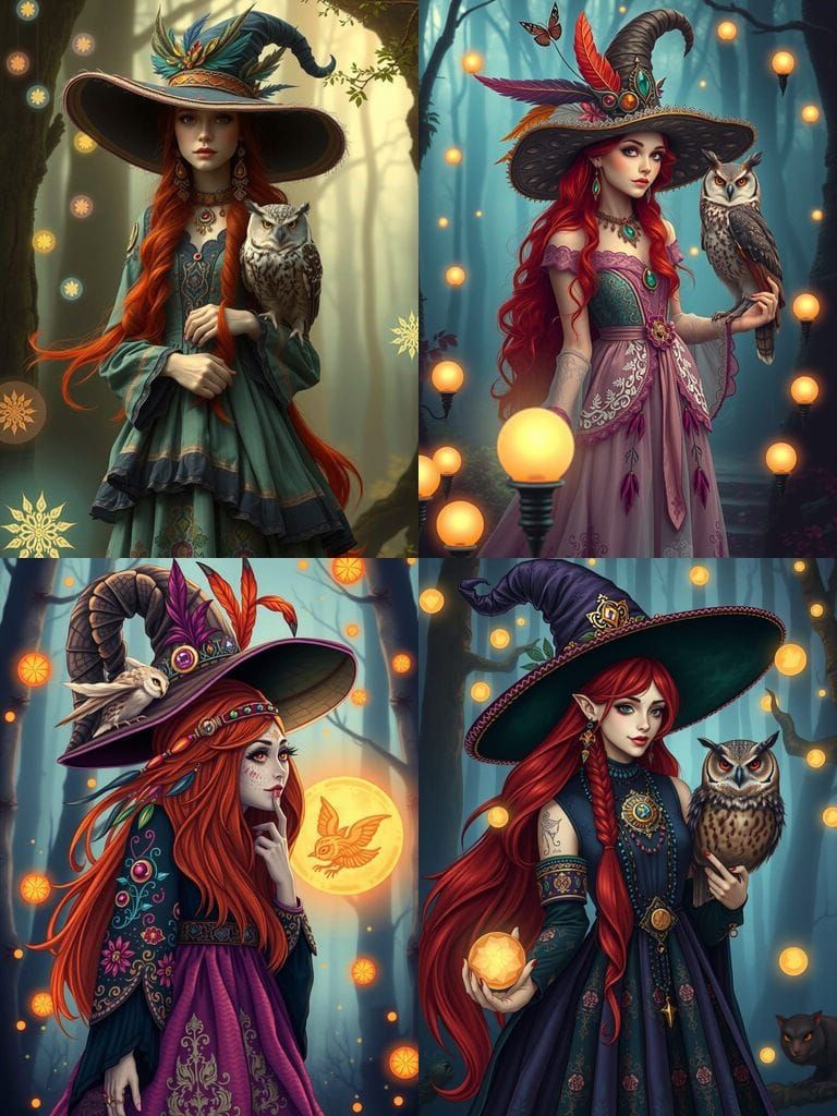 Mystical Bohemian Witch with Owl in Enchanted Forest