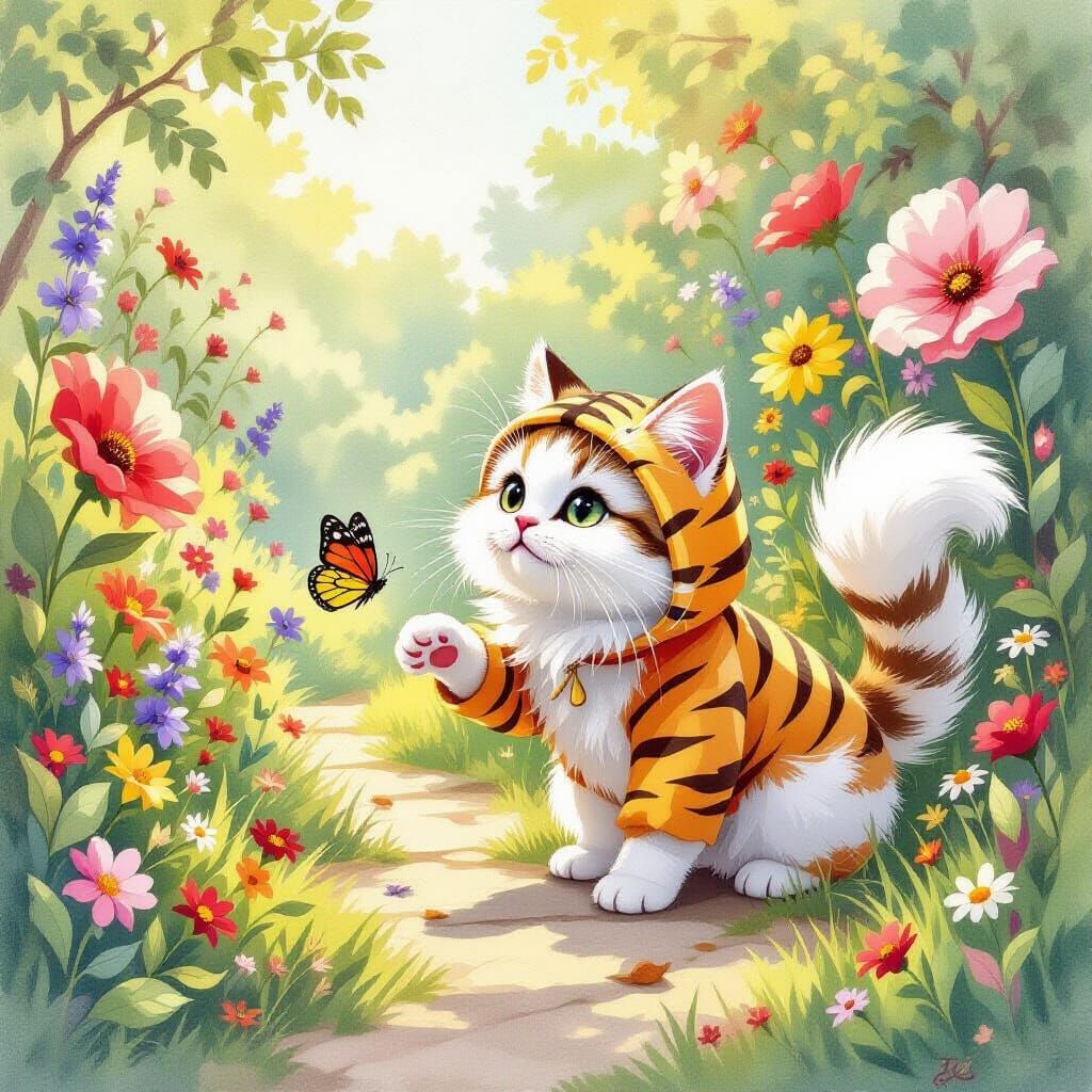 Cat in Tiger Costume Stalks Butterfly in Garden
