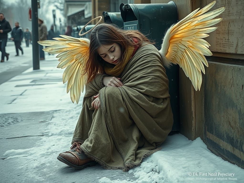 Angels Comfort a Homeless Woman in Winter Snow