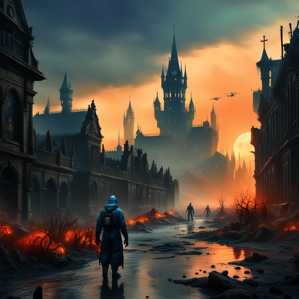 Post-Apocalyptic Cityscape with Hazmat Suit in Matte Paintin...