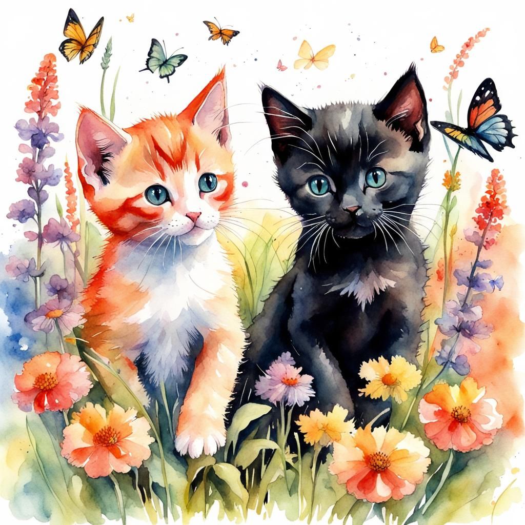 Ginger and Black Kittens Play in Rainbow Meadow
