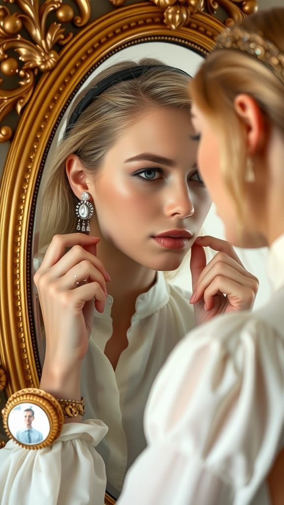 Elegant Woman Adjusting Silver Earrings in Mirror
