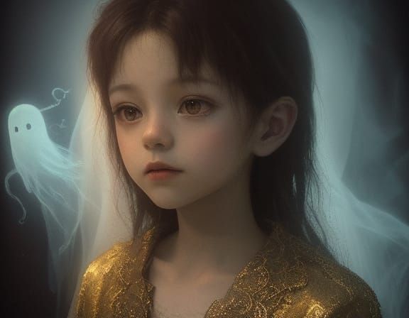 Friendly Ghost Meets Boy in Eerie Room Oil Painting