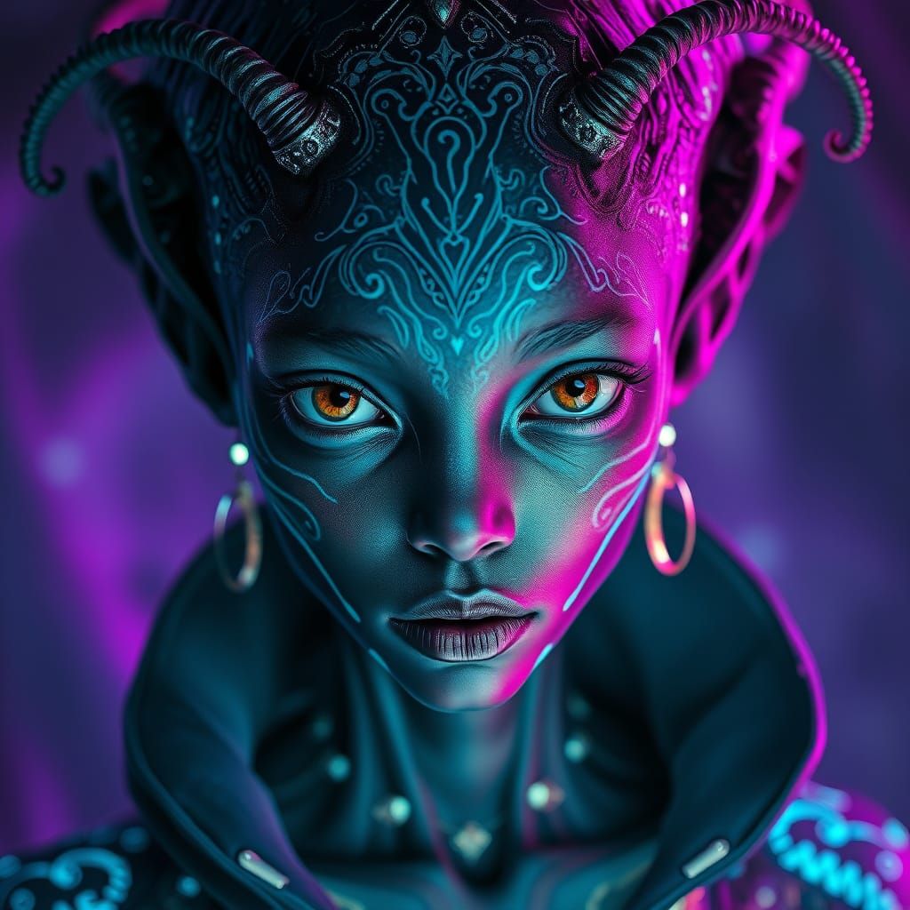 Black Alien Woman Portrait with Bioluminescent Markings