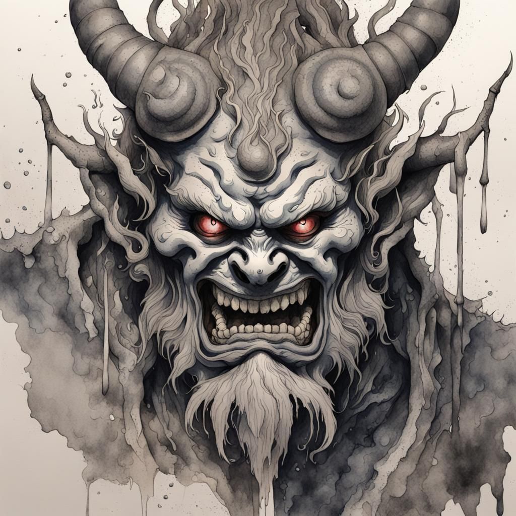 Detailed Oni Line Drawing with Watercolor Splash