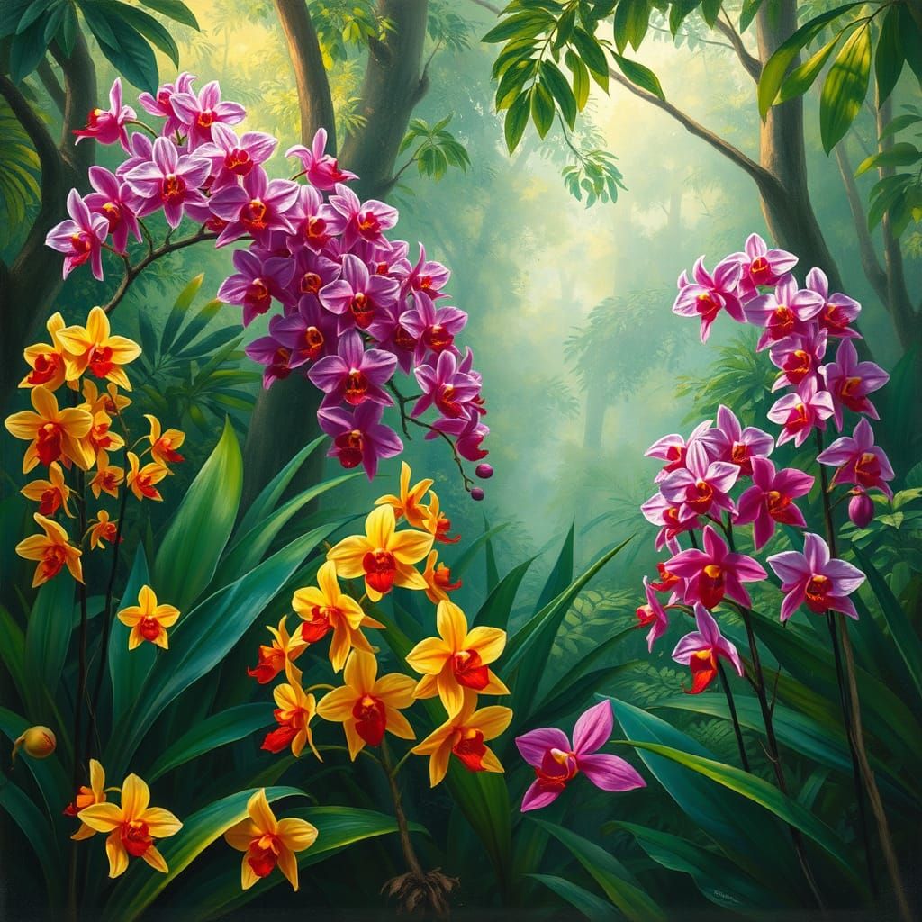 Vibrant Rainforest Blooms in Dreamlike Style