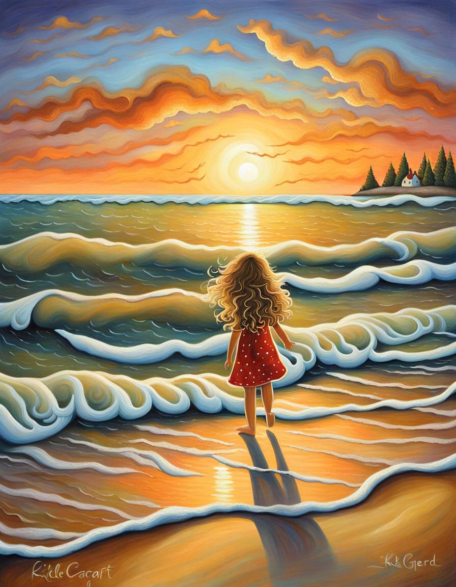 Barefoot Girl on Sunlit Beach in Ethereal Style