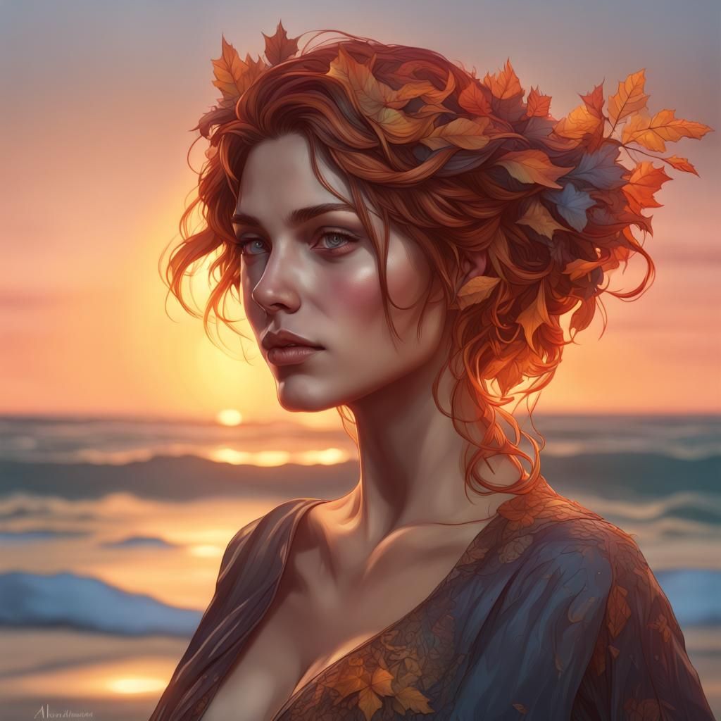 Autumn Sunset Beach Portrait in Hyperdetailed Style