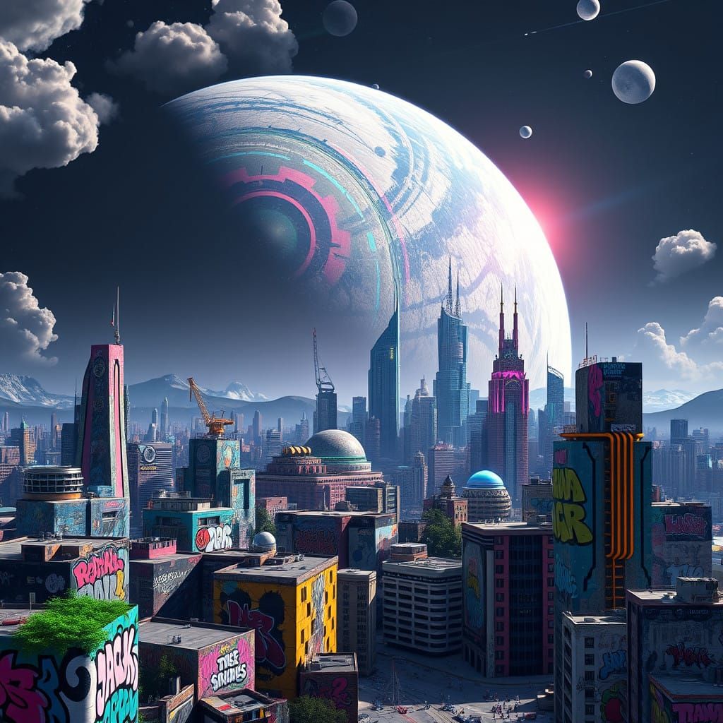 Gas Giant Moon Metropolis in Vibrant, High-Contrast Style