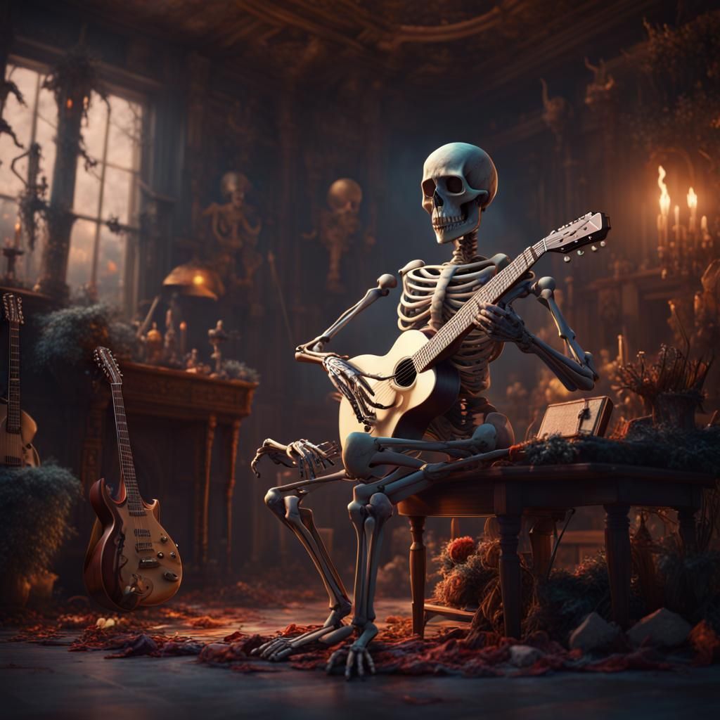 Skeleton Plays Guitar: Detailed Fantasy Art