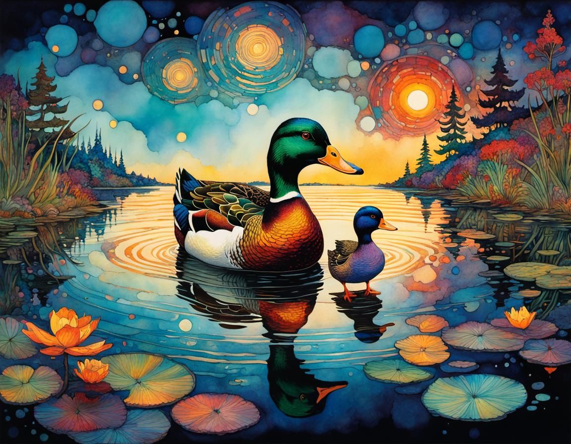 Whimsical Duck Sunset Illustration in Alcohol Inks