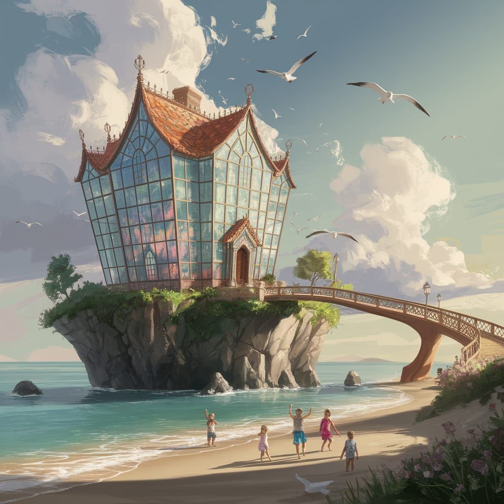 Glass House Cliffside Oasis with Serene Sea and Winding Brid...