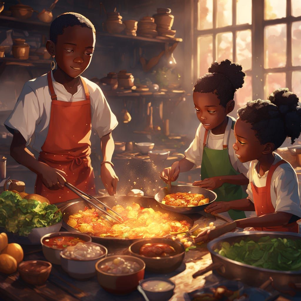 Ethiopian Children Cooking: 3D Anime Art in Genshin Style