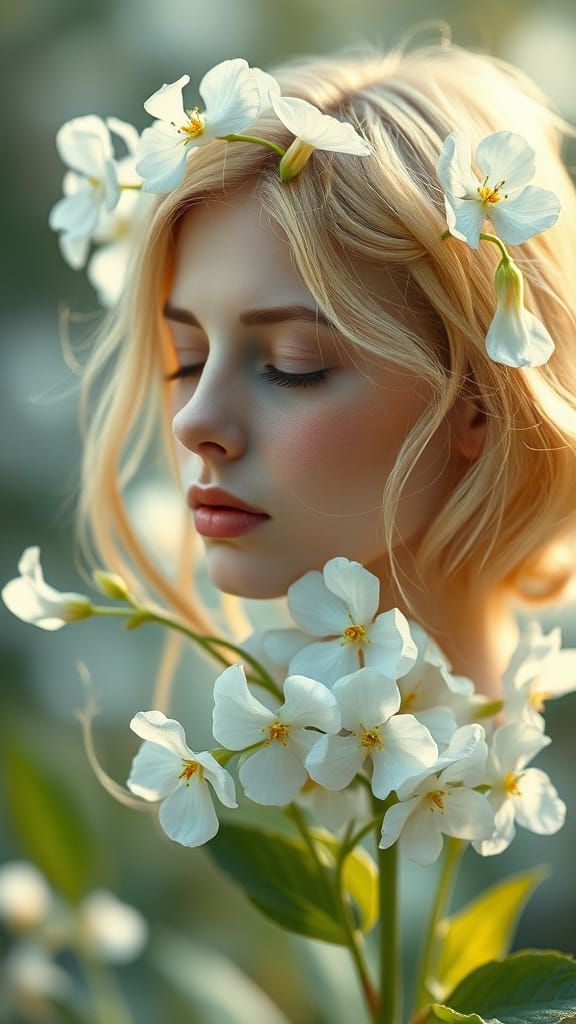 Forget-Me-Not Flower With Serene Faces in Pre-Raphaelite Sty...