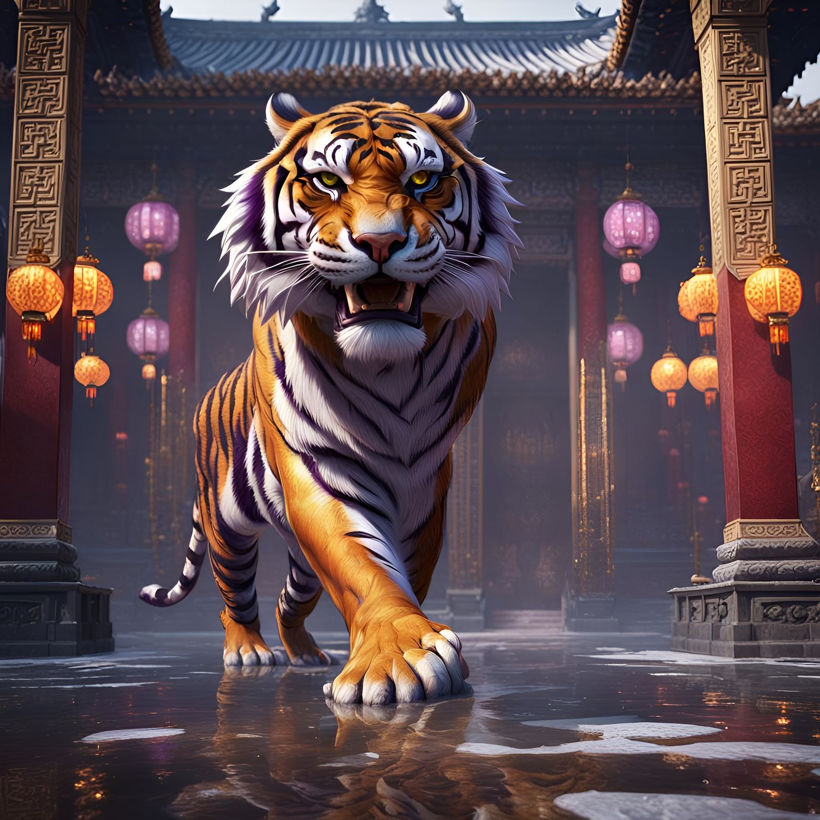 Fierce Tiger in Palace: Dark Fantasy Art