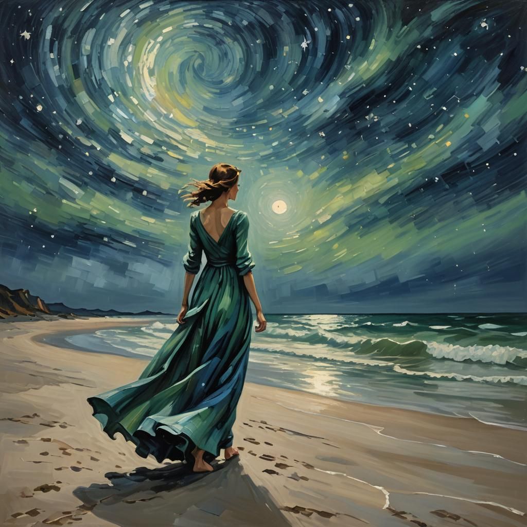 Ethereal Woman on Beach in Impressionist Style