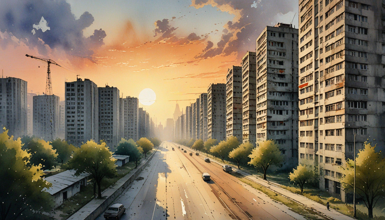 Soviet Sunrise Metropolis in Watercolor Style