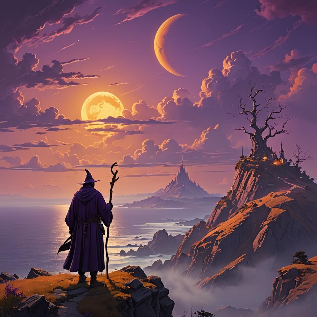Wizard Contemplates Moonlit Sea: Digital Matte Painting
