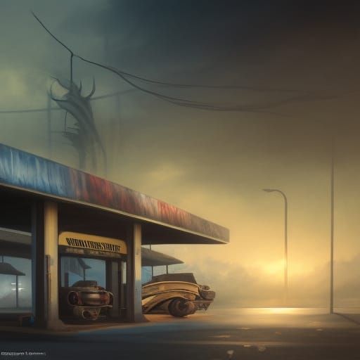 Ominous Twilight at Empty Gas Station