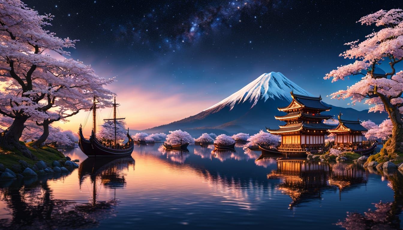 Viking Ships in Starry Japanese Blossom Landscape