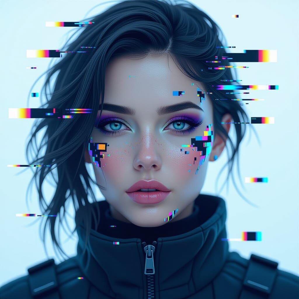 Digital Glitch Art Avatar with Icy Blue and Cyberpunk Atmosp...