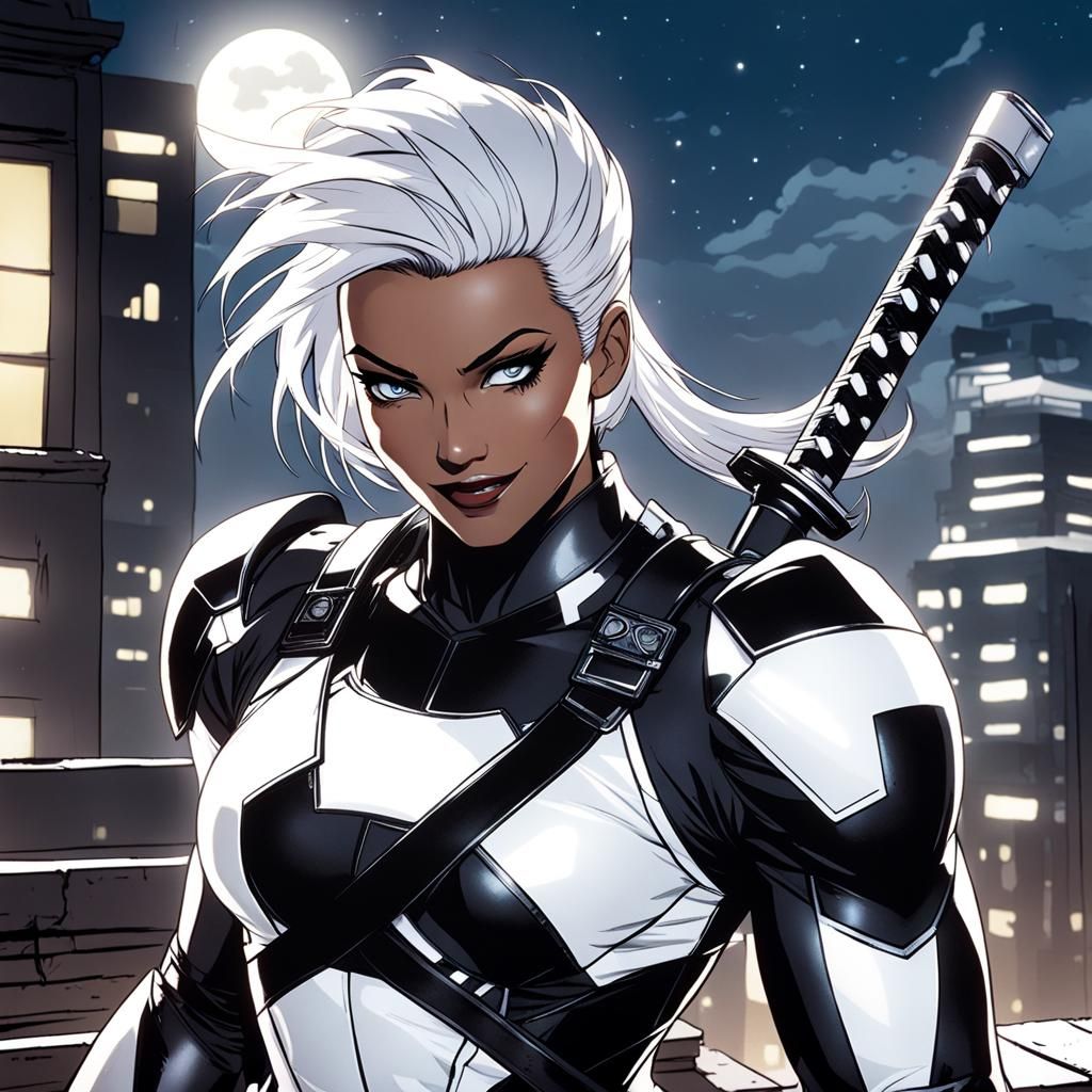 Domino on Rooftop at Night in Battle Suit