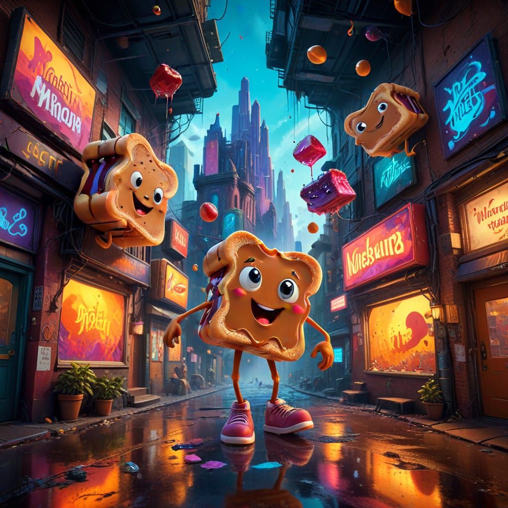 Whimsical Dancing Sandwiches in Vibrant, Dreamlike Cityscape
