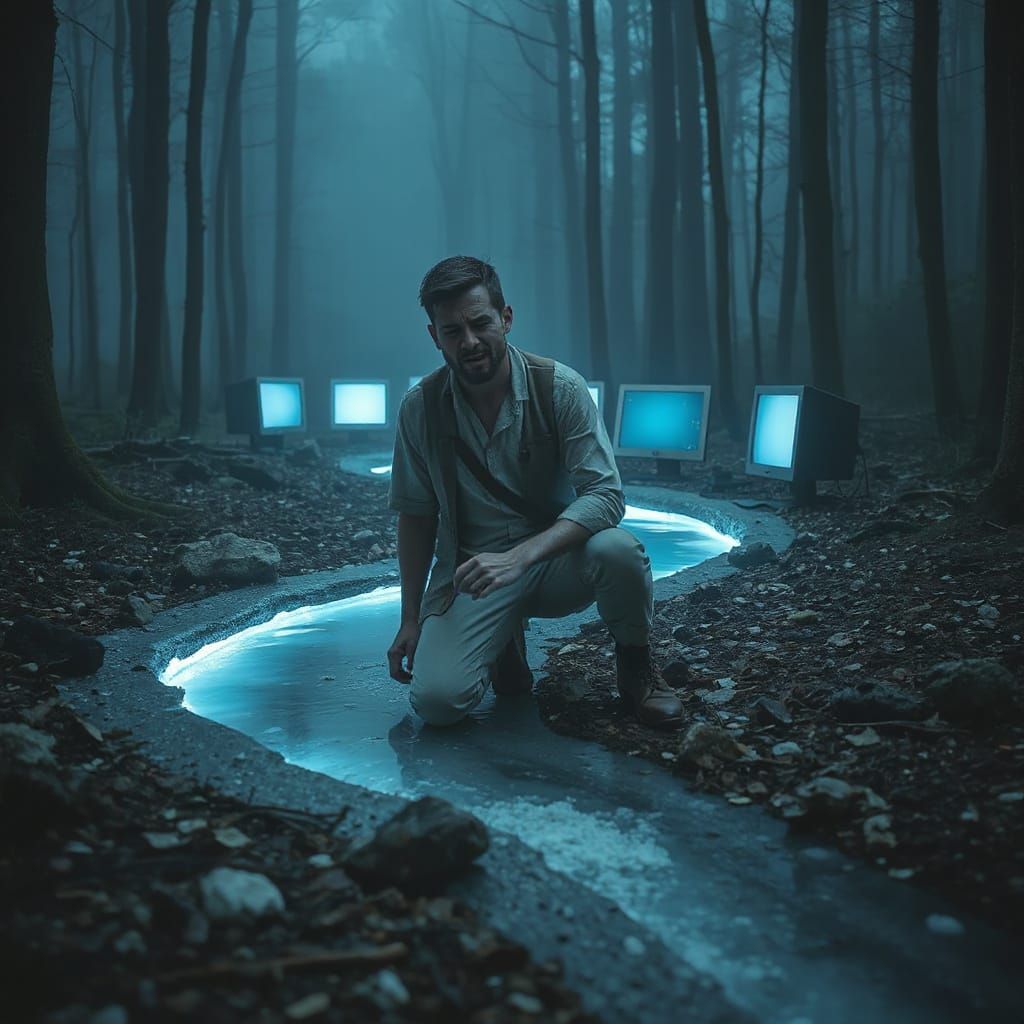 Distraught Man Cries in Misty Woods: Digital Art