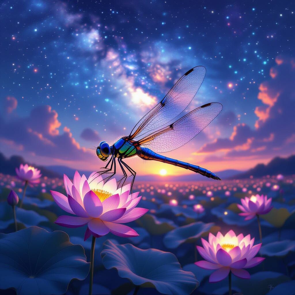 Majestic Celestial Dragonfly Over Bioluminescent Lotus Field