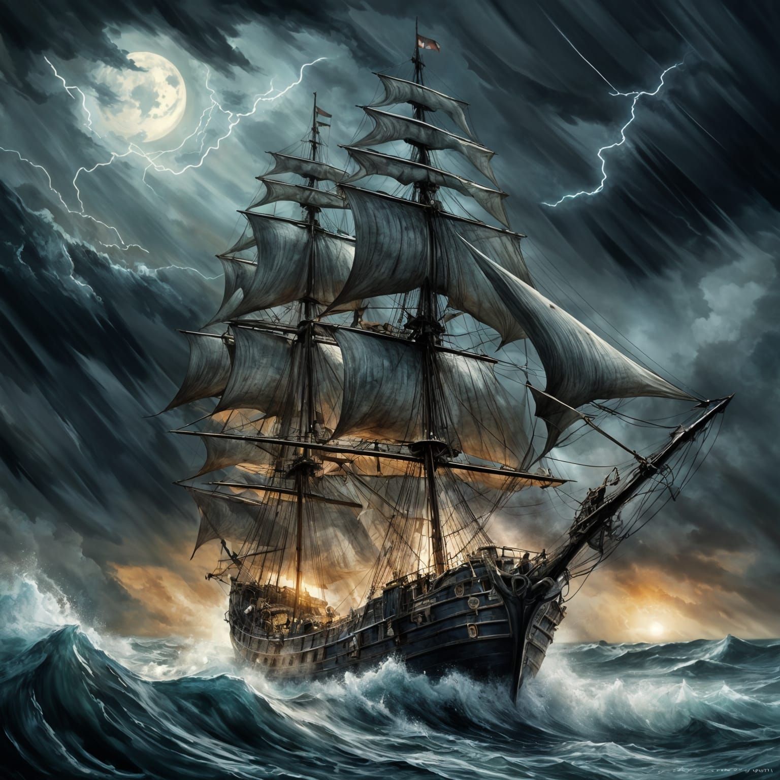 Pirate Galleon in Stormy Seas: Watercolor Maritime Scene