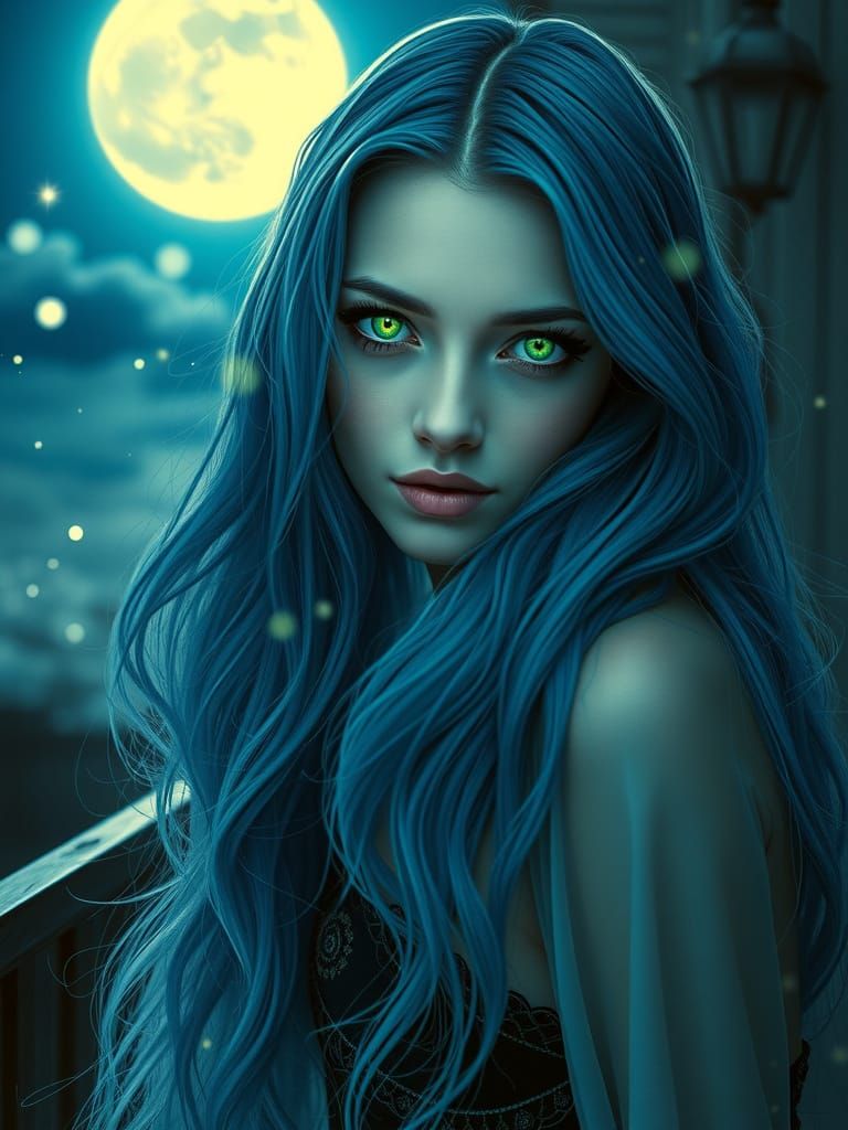 mysterious beautiful woman with blue hair