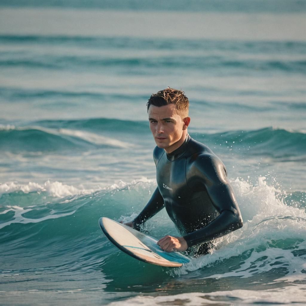 Man Surfing in Blue Ocean, Cinematic Still