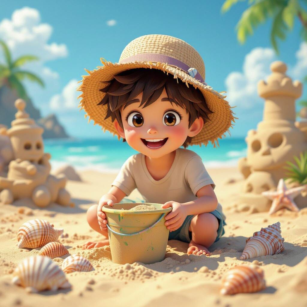 Boy Playing in Sand: 3D Anime Art