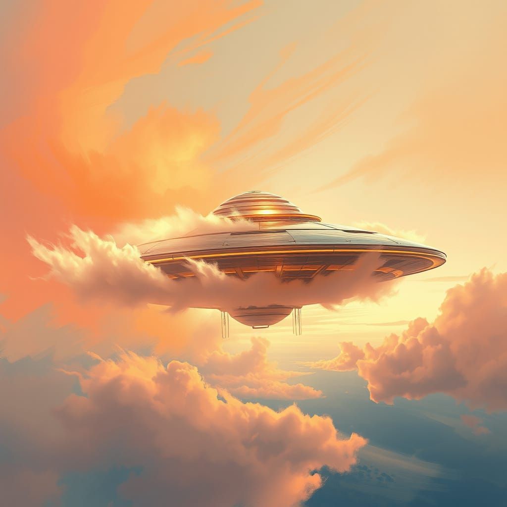 Glowing UFO Amidst Vibrant Clouds in a Futuristic Landscape
