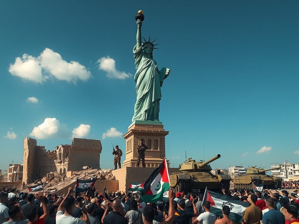 War-Torn Gaza Square with the Statue of Liberty