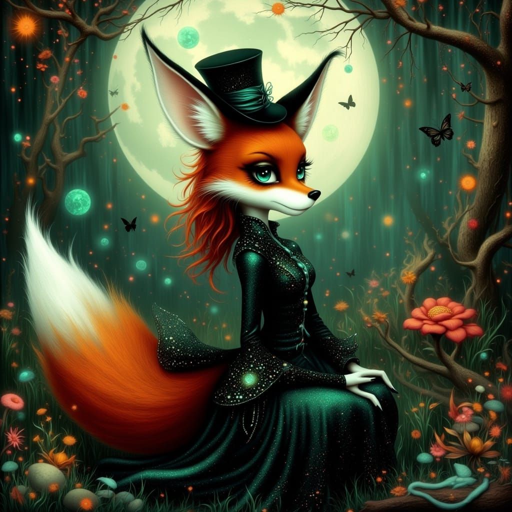 Elegant Gothic Fox in Whimsical Moonlit Forest